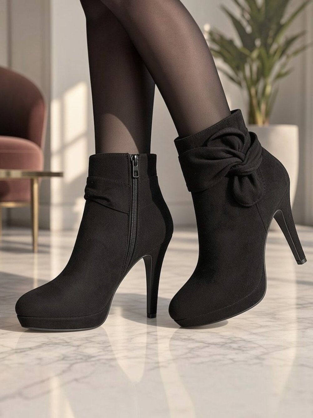 Top Moda Platform Side Bow Zipper Faux Suede Ankle Boots Chic High Heel Booties